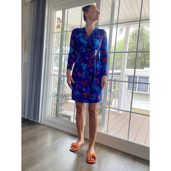 CHAPS Womens Faux Wrap Knit Dress Capri Multi Blue 8P NWT - Picture 2 of 11